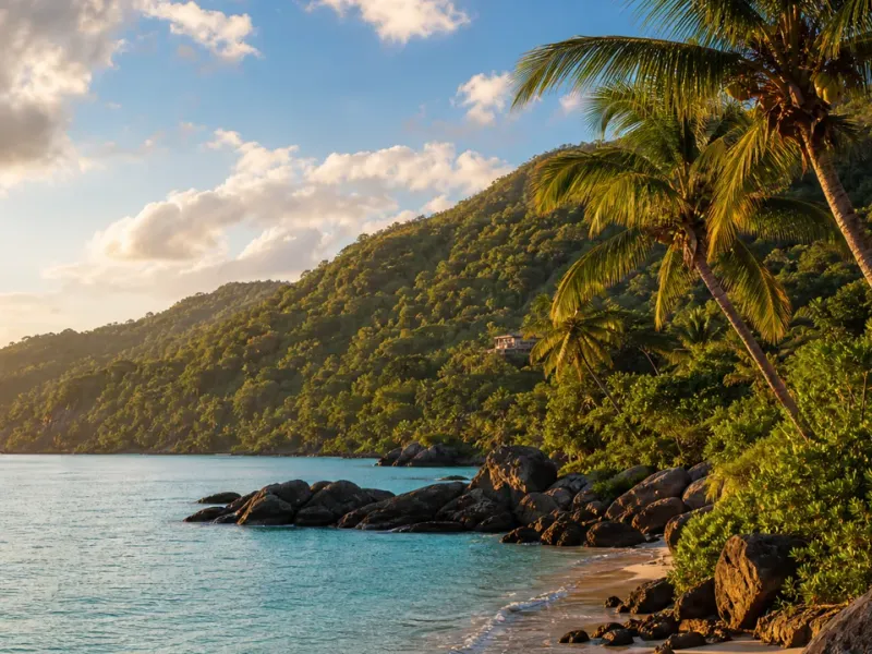Plage tropicale avec eau turquoise, végétation dense et reliefs en arrière-plan
